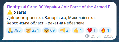 Скриншот сообщения из телеграмм-канала "Воздушные силы ВС Украины"