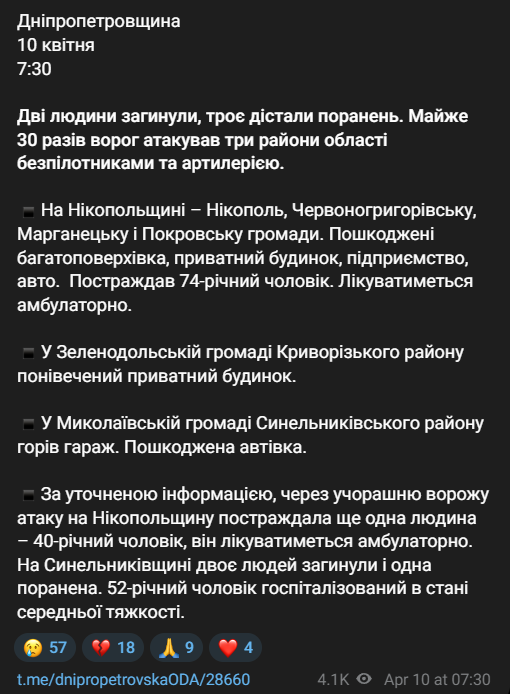 Російська армія атакувала Дніпропетровську область