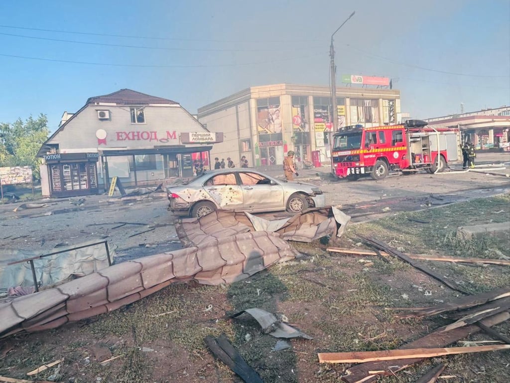 Destroyed shopping center in the center of Dobropillia after a Russian air strike