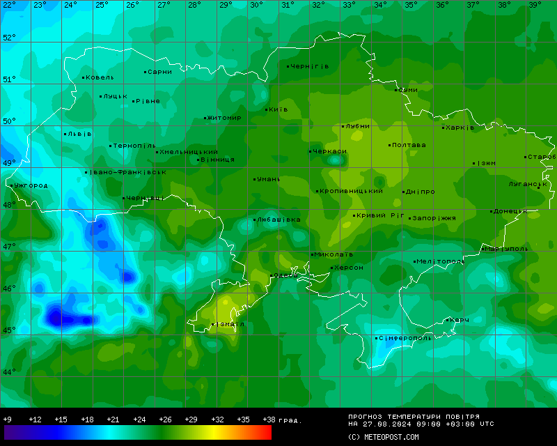Карта температур на 27 серпня
