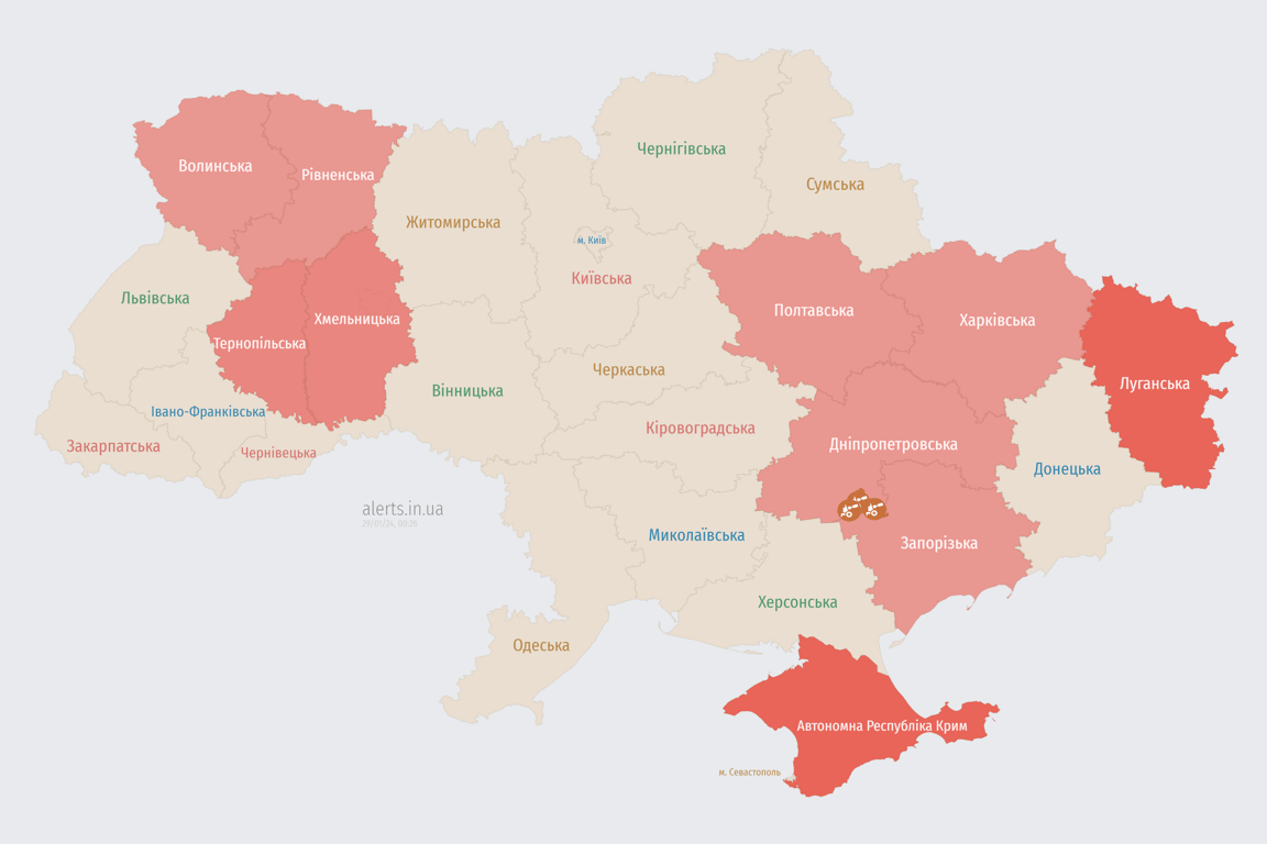Мапа повітряних тривог в Україні сьогодні, 29 січня