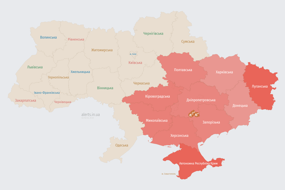 Мапа повітряних тривог в Україні сьогодні, 2 лютого