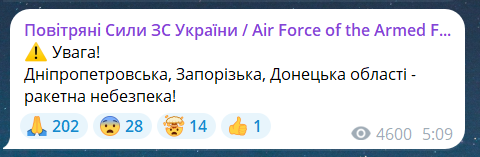 Скриншот повідомлення з телеграм-каналу "Сили оборони півдня України"