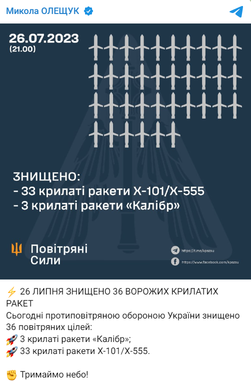 Микола Олещук про знищені 26 липня російські ракети