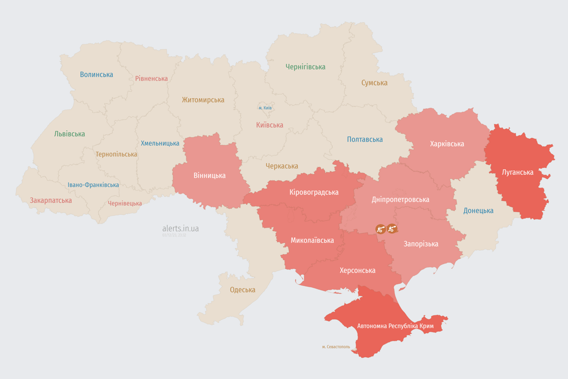 Мапа повітряних тривога в Україні сьогодні, 3 грудня