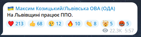 Скриншот повідомлення з телеграм-каналу голови Львівської ОВА Максима Козицького