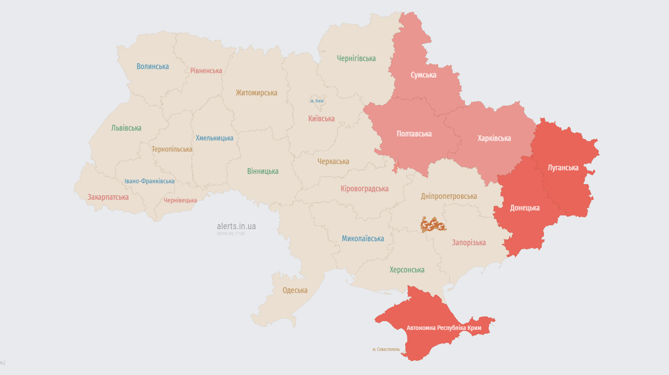 Повітряна тривога в Україні 20 квітня. Фото: alerts.in.ua