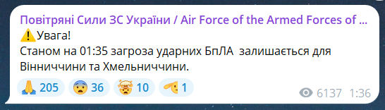 Скриншот сообщения из телеграмм-канала "Воздушные силы ВС Украины"