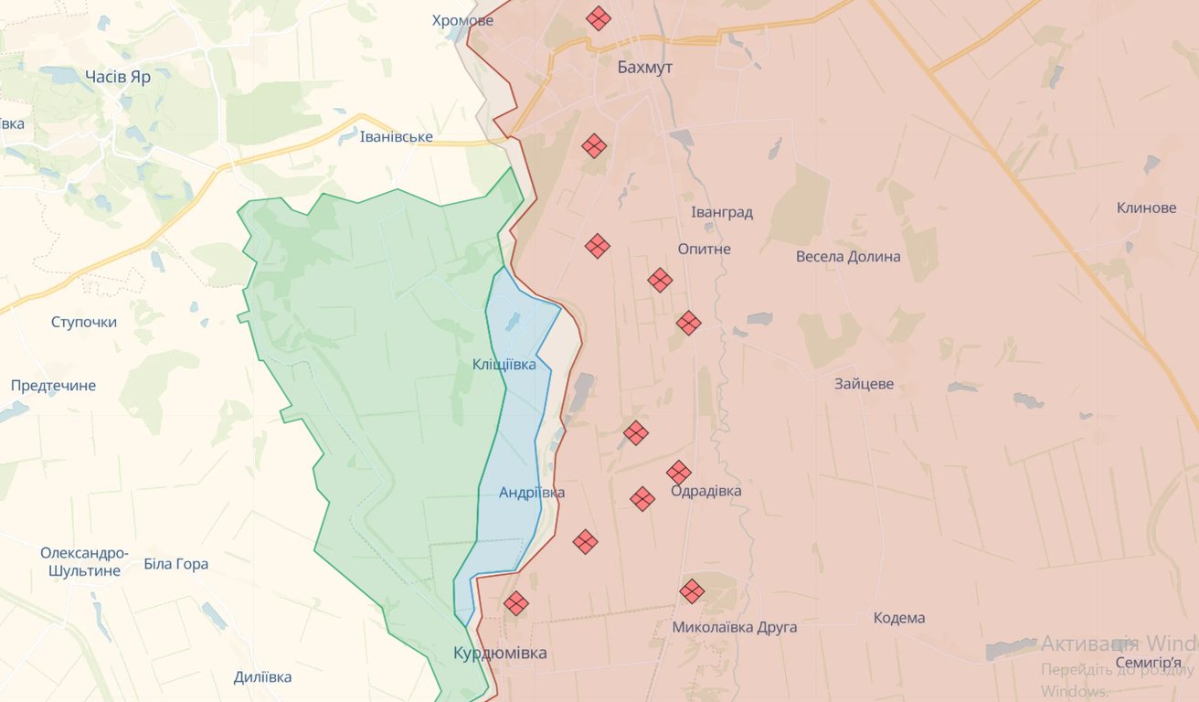 Карта боевых действий на Бахмутском направлении от Deepstate