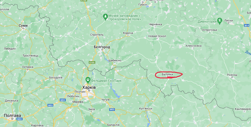 Скриншот карты с местом размещения Валуек в Белгородской области РФ