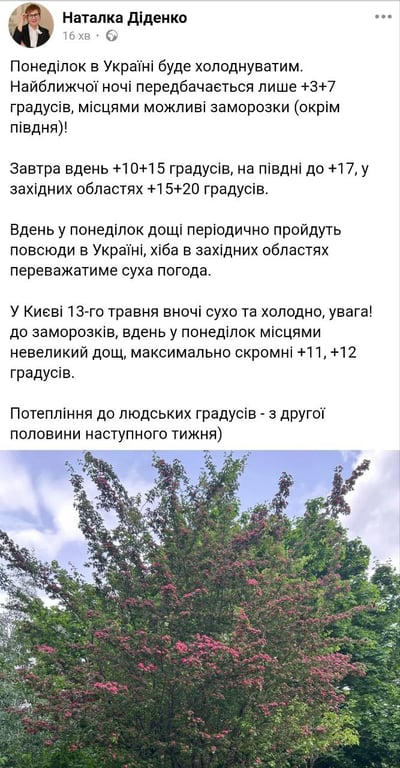 Прогноз погоды от Наталки Диденко на 13 мая.