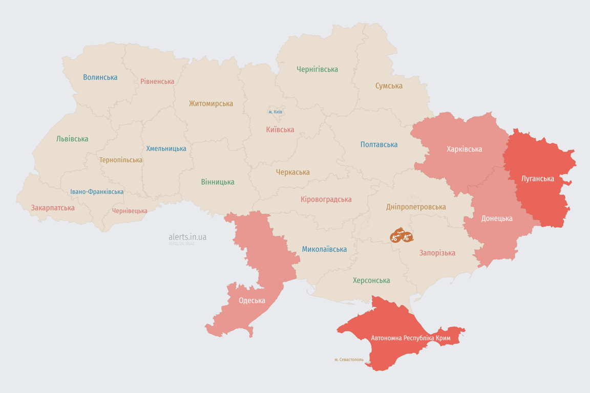 Мапа повітряної тривоги в Україні 10 лютого