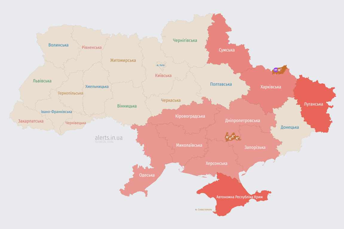 В яких областях повітряна тривога 12 серпня
