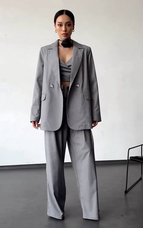 Сірий брючний костюм в тренді