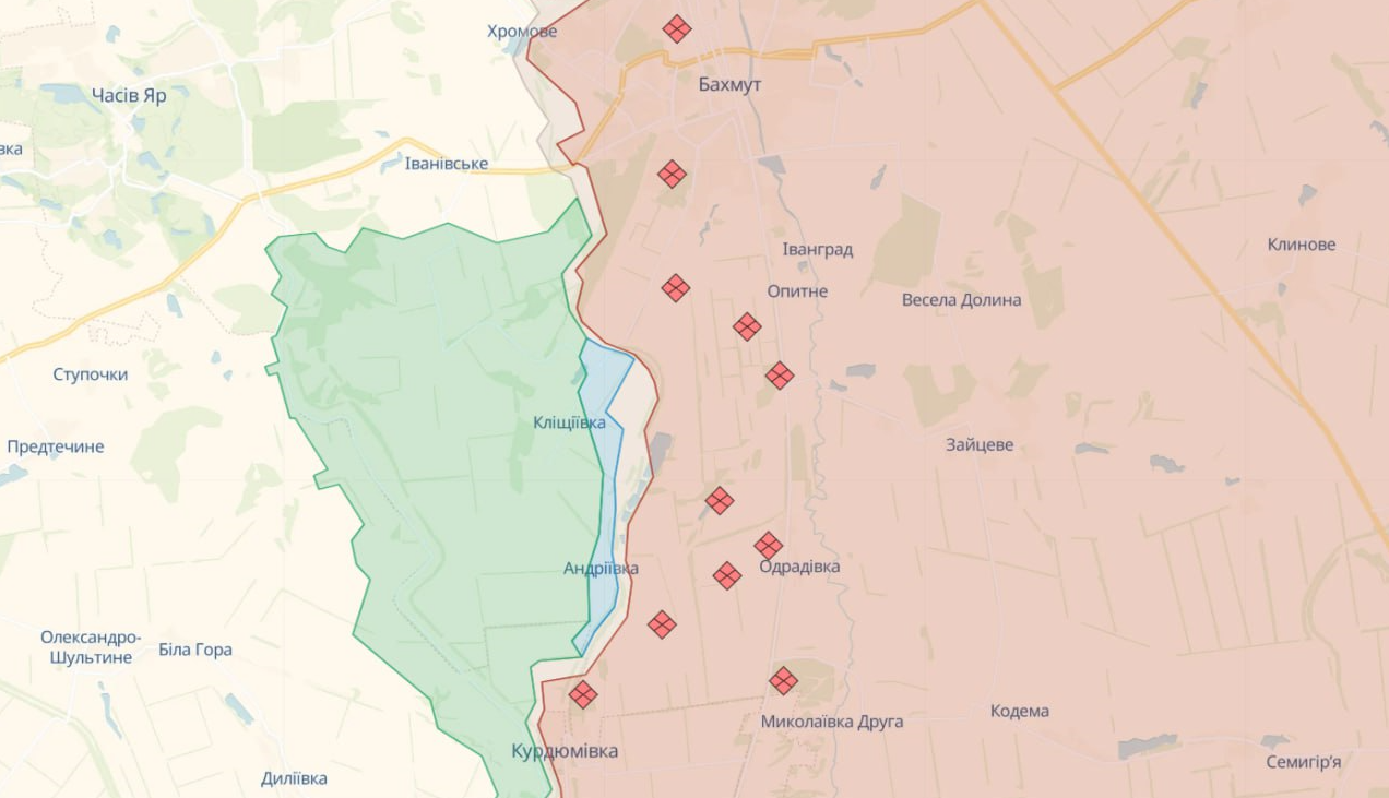 Карта бойових дій на Бахмутському напрямку від Deepstate. Фото: скриншот