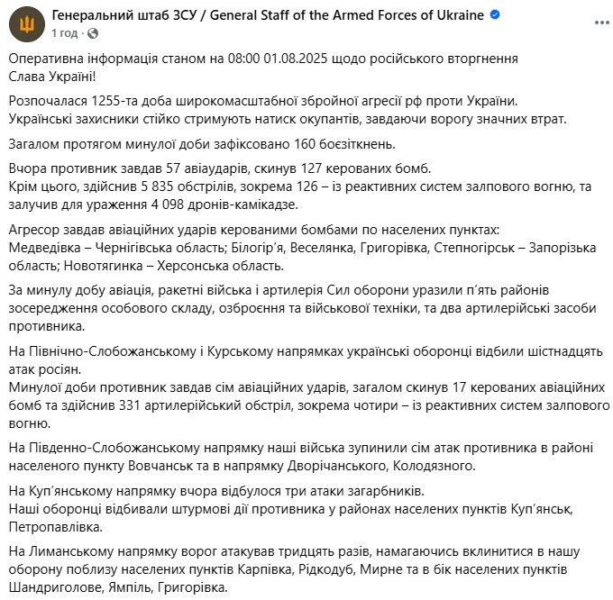 Ситуація на фронті - звіт Генштабу