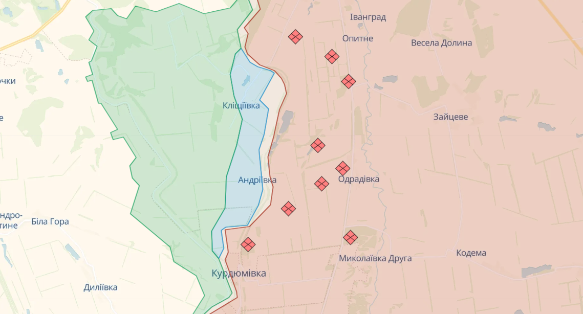 Карта бойових дій на Бахмутському напрямку від Deepstate