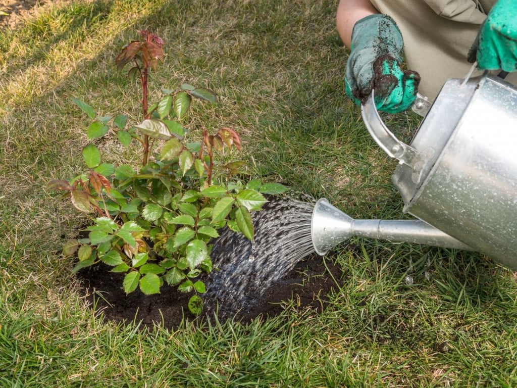 Садовник, поливающий кусты розы
