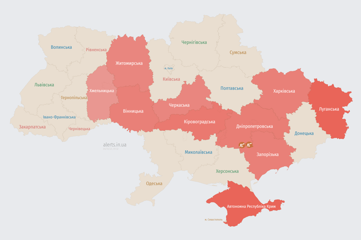 Мапа повітряних тривога в Україні сьогодні, 4 грудня