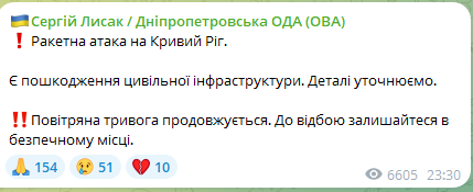 Ракетна атака на Кривий Ріг увечері 20 жовтня