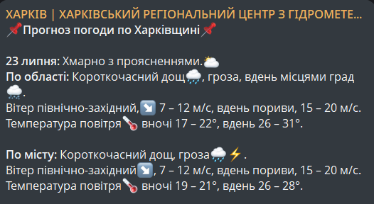 Погода в Харкові 23 липня