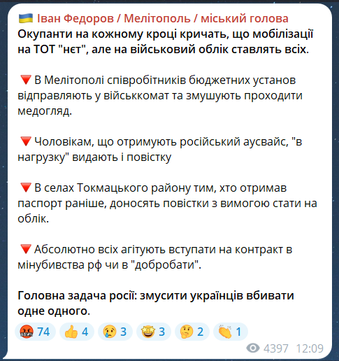 Скриншот сообщения из телеграмм-канала мэра Мелитополя Ивана Федорова