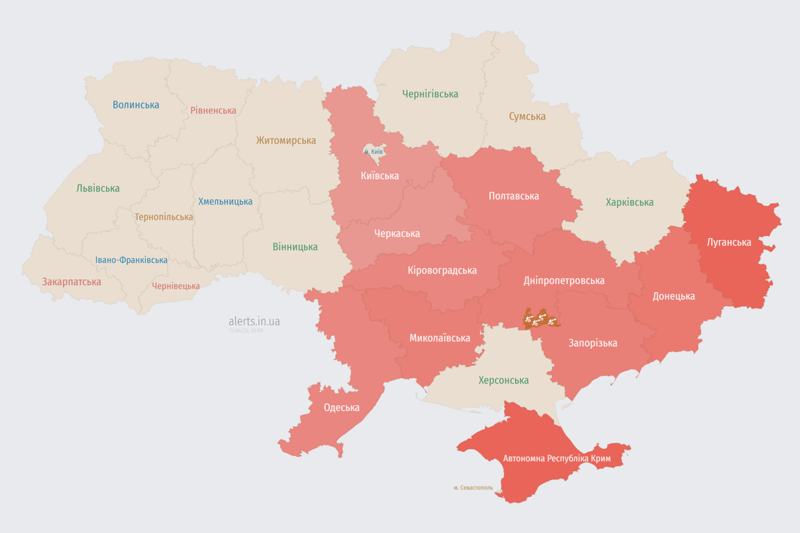Мапа повітряної тривоги в Україні сьогодні, 11 квітня