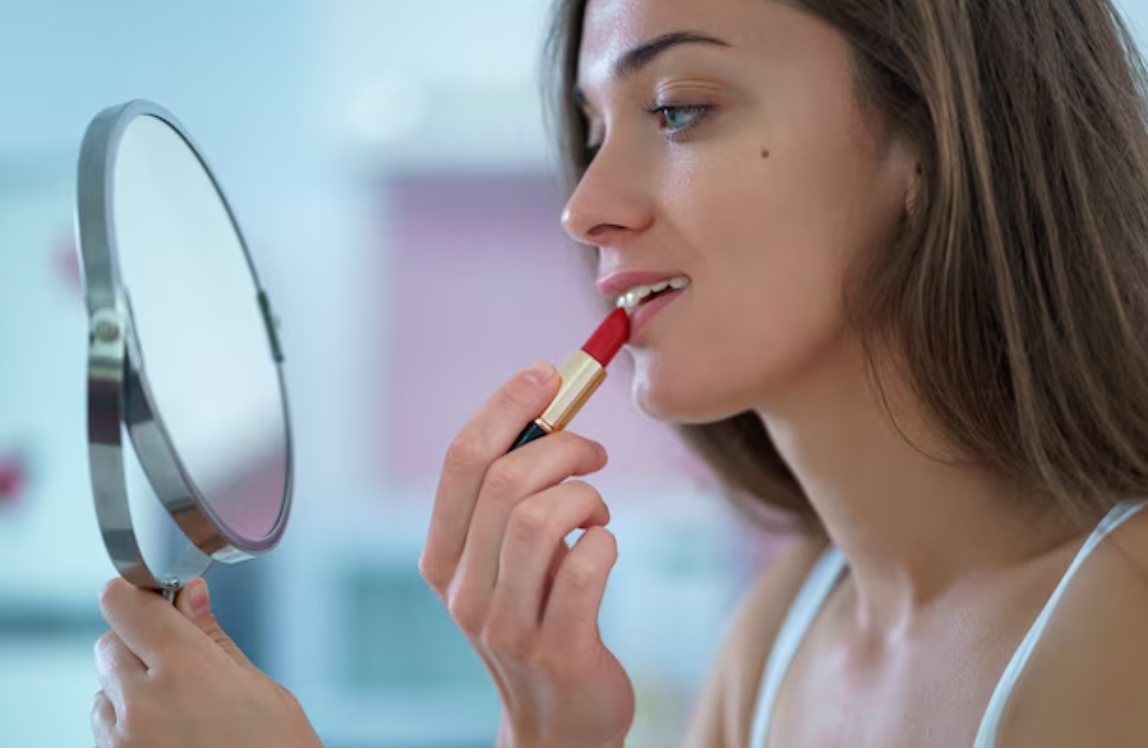 Девушка, которая красит губы.