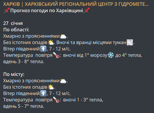 погода у Харкові 27 січня