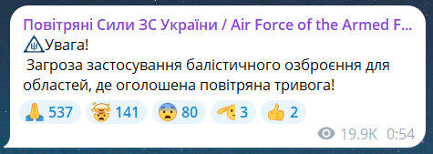 Скриншот повідомлення з телеграм-каналу "Повітряні сили ЗС України"