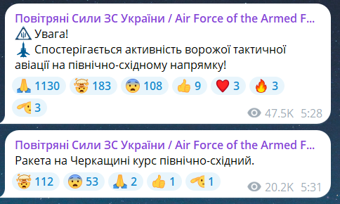 Скриншот повідомлення з телеграм-каналу "Повітряні сили ЗС України"