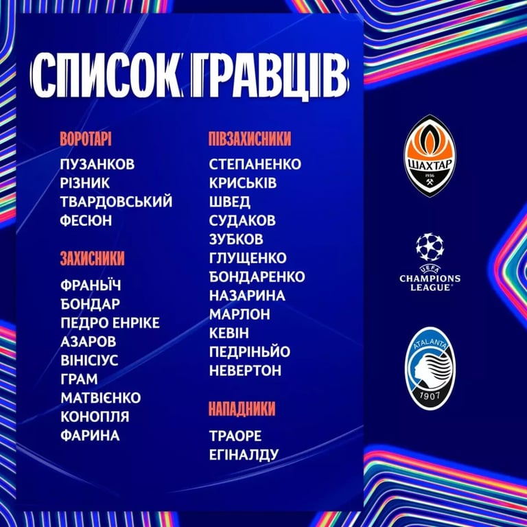 Заявка Шахтера на матч Лиги чемпионов