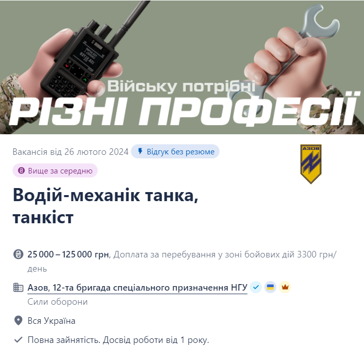 Вакансія танкіст в "Азов" на сайті Work.ua