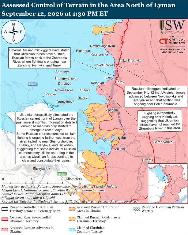 Карта оцінки контролю території на північ від Лимана, що показує розташування та зміни позицій російських і українських військ