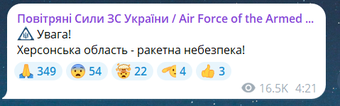 Скриншот повідомлення з телеграм-каналу "Повітряні сили ЗС України"