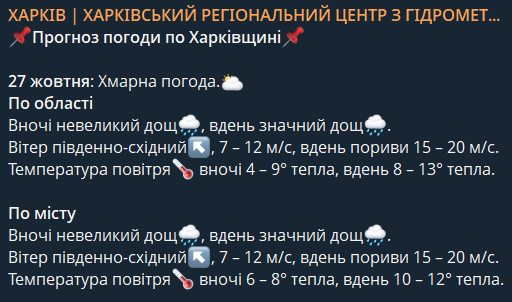 Прогноз погоди у Харкові та області на 26 жовтня