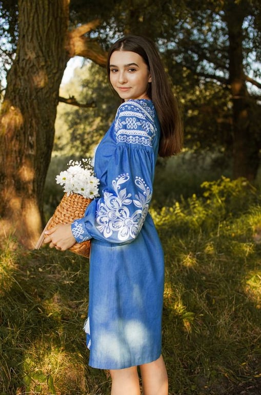 Девушка в голубом платье-вышиванке