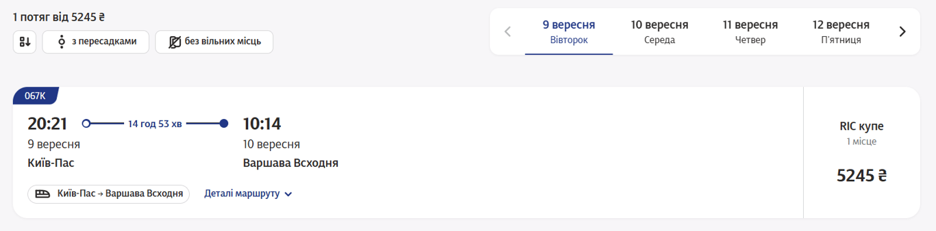 Скільки коштує квиток на потяг УЗ Київ — Варшава — ціна у вересні - фото 1