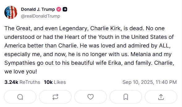 Трамп підтвердив, що Чарлі Кірк помер — що сказав лідер США - фото 1