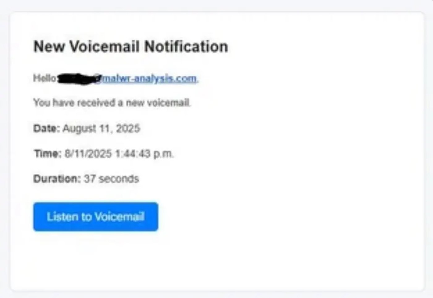 Пример мошеннического письма с голосовым сообщением