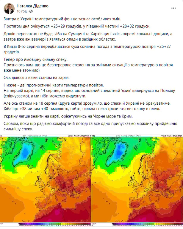 Погода від Наталки Діденко на 8 серпня