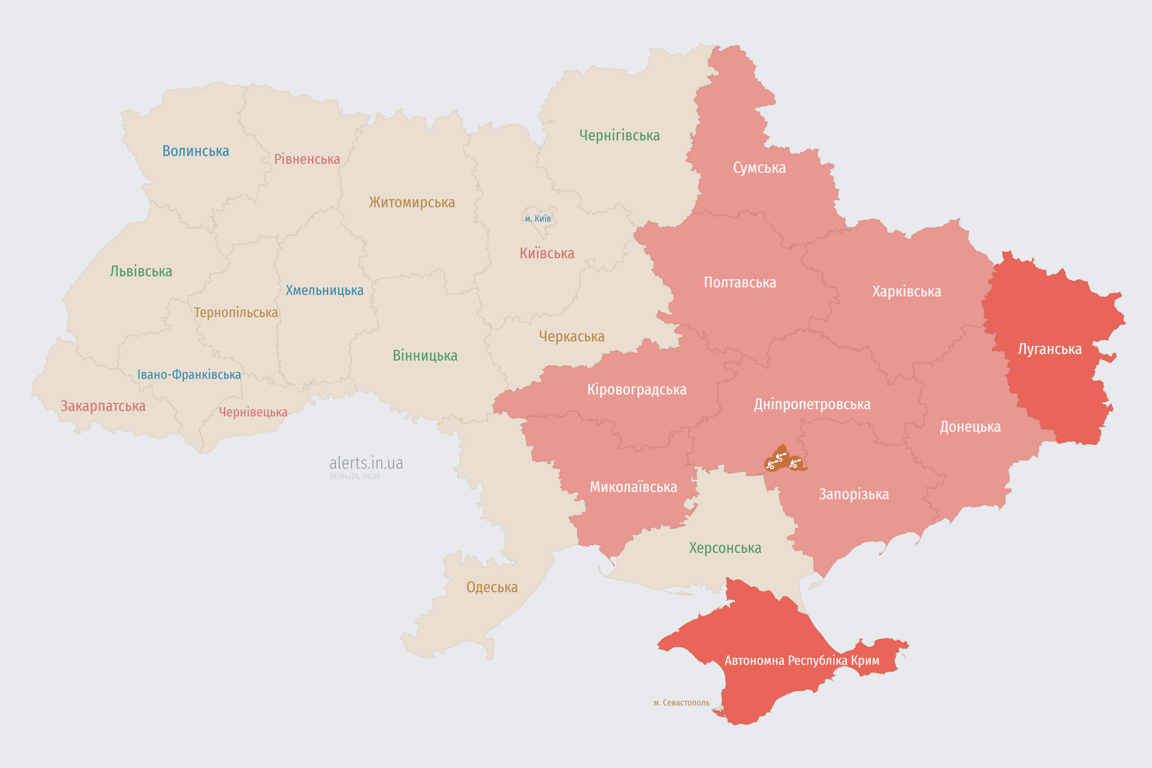 Мапа повітряної тривоги в Україні сьогодні, 19 квітня