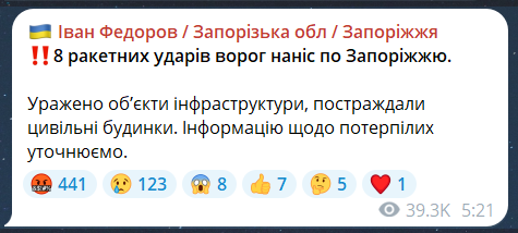 Скриншот сообщения из телеграмм-канала руководителя Запорожской ОВА Ивана Федорова