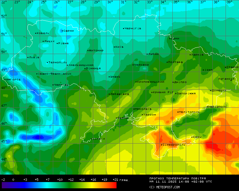 Карта температур на 10 листопада 2025 року 