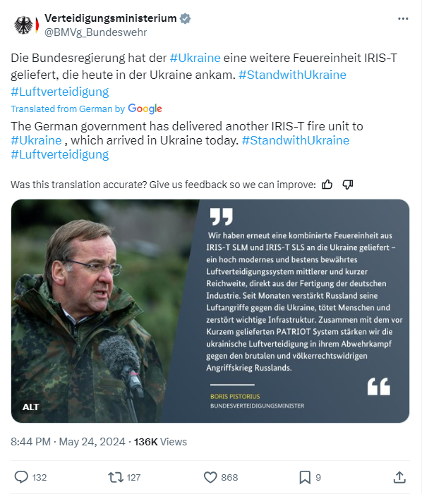 Німеччина передала Україні систему ППО IRIS-T