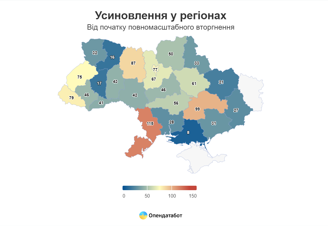 Усиновлення в областях від початку повномасштабного вторгнення