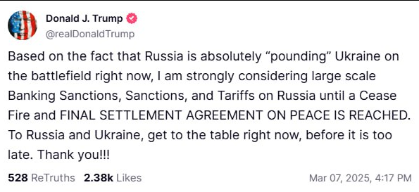 Трамп угрожает РФ мощными санкциями за отказ от переговоров - фото 1