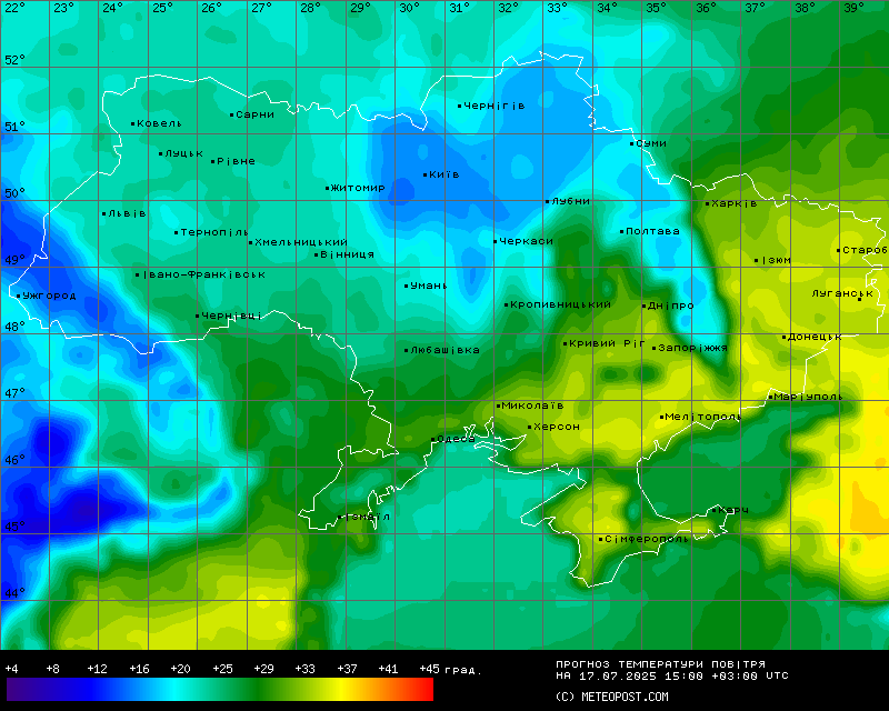 Температуры в Украине 17 июля 2025 года