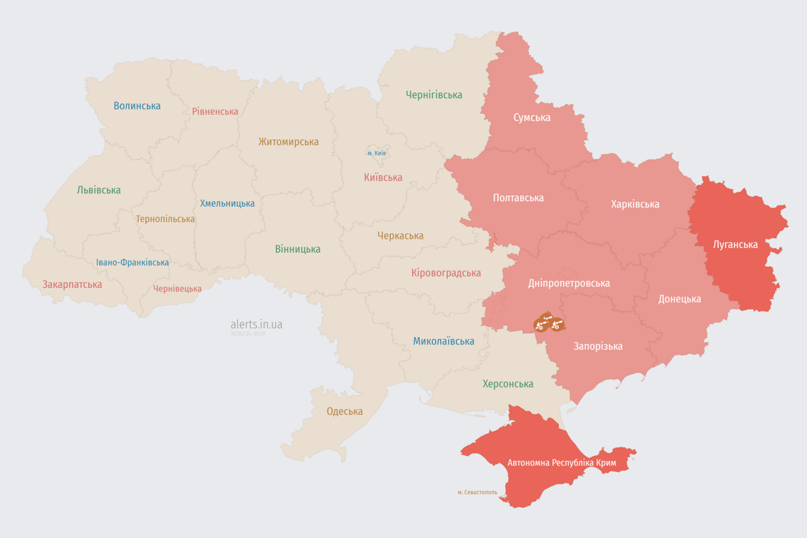 Мапа повітряної тривоги в Україні 15 лютого