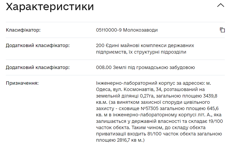 Характеристтики лоту Одеського НДІ 